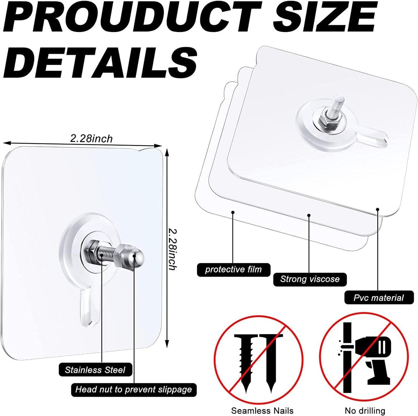 Wall Hooks, Adhesive Wall Screws Hanging Nails, No-Drilling Waterproof Screw Free Stickers for Hanging, Heavy-Duty Adhesive Wall Mount Screw Hooks for Kitchen Bathroom Bedroom Living Room 20 Pcs